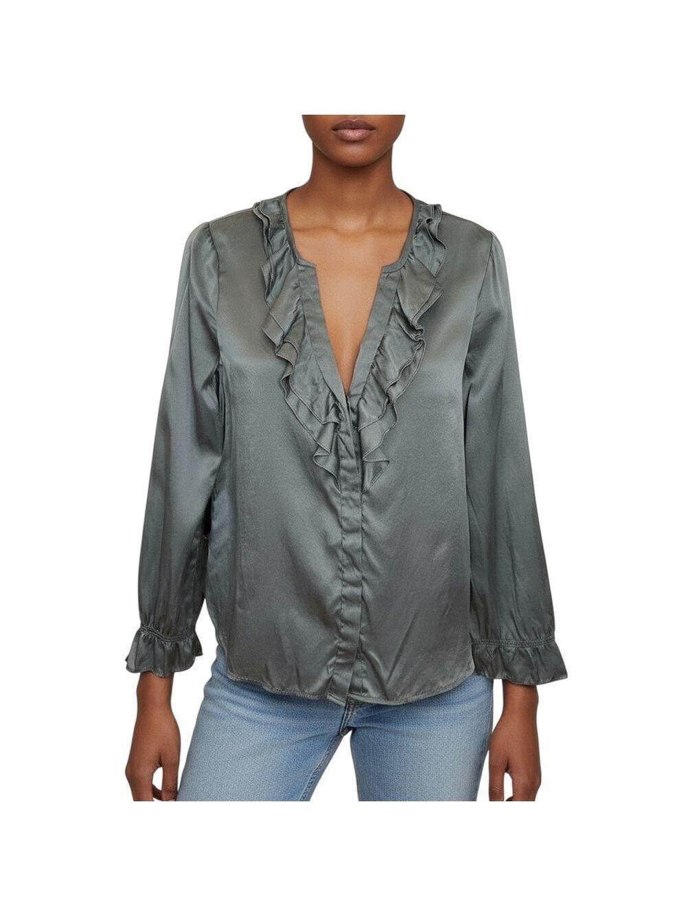 Joie Jayanne Silk Blouse Taupe Green Ruffle Neck Long Sleeve Size Small